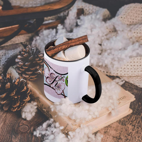 3dRose Cherry Blossom Flower Monogram Initial K Two Tone Mug, 11 oz - Black/White