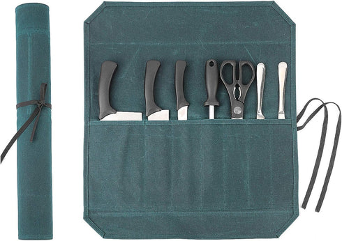 Denifiter Heavy Duty Waxed Canvas Chef Knife Storage Roll Bag, Waterproof and Durable (Dark Green)