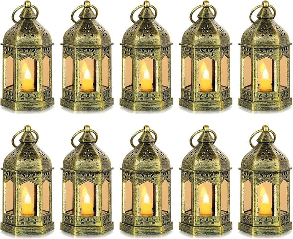 Mini Lantern with Flickering LED Candles Set of 10, Hewory Gold Vintage