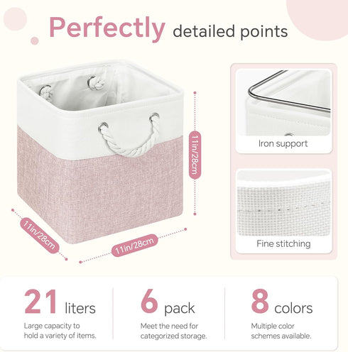 6 Pack 11x11 inch Closet, FinishingBo Cube Storage Bins, with Cotton Handles for Shelves, Clothes, Towel (White/Pink)