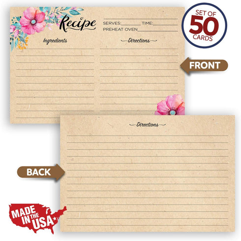 Double Sided Recipe Cards 4x6 Inch, Set of 50 Thick Cardstock Recipe Cards with Lines, Easy To Write On Smooth Surface, Line Printed, Large Writing Space (Floral Kraft Look) by Nuah Prints