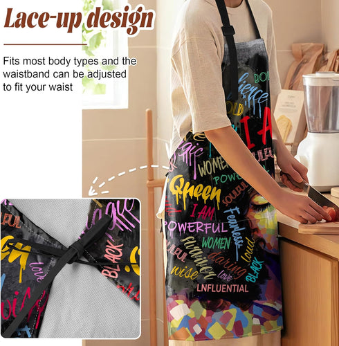 African Art Apron for Women with Pockets, Adjustable Waterproof Oil Proof Kitchen Apron Black Girl 33x28in