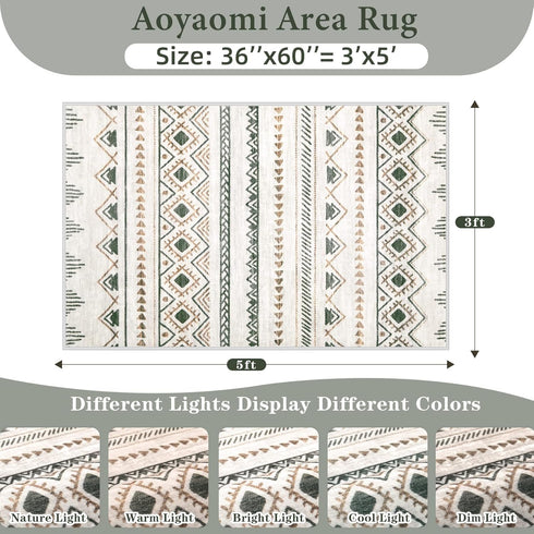 3x5 Green,3'x5') Area Rug Geometric Rug: Washable Boho Moroccan Rugs Soft Farmhouse Rug, Modern Neutral Stain Resistant
