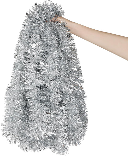 DECORA 33 Feet Silver Tinsel Garland, Metallic Hanging Tinsel for Christmas Tree Home and Party Decoration