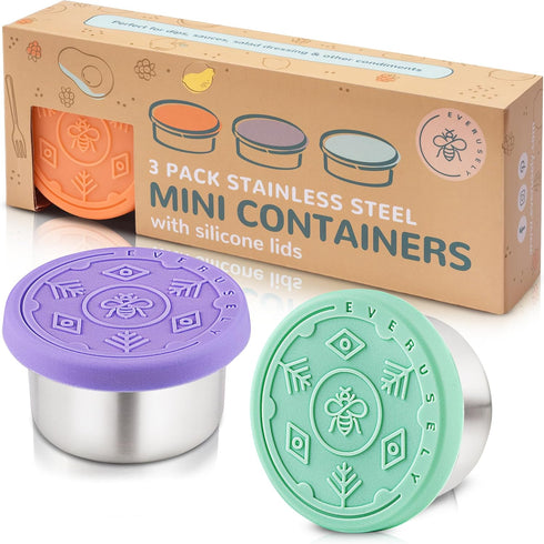 Everusely 3 Pack Condiment Cups, 1.7 oz / 50 ml Bright Stainless Steel Containers with Lids, Reusable Salad Dressing