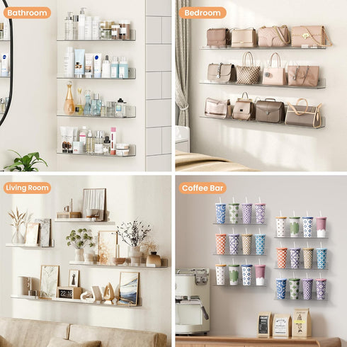 6 Pack 15" 4 upsimples Acrylic Shelves for Wall Storage, x Floating Bookshelves for Kids, Display Shelf Organizer