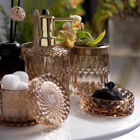 6PCS Set (6pcs EMPO Bathroom Clear Glass Accessories (Lotion Soap Dispenser, Soap Dish, Toothbrush Holder, Tumbler