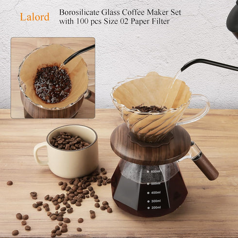 Pour Over Coffee Maker, 20 oz Borosilicate Glass Set with 100 pcs V60 Paper Filter, Walnut Collar