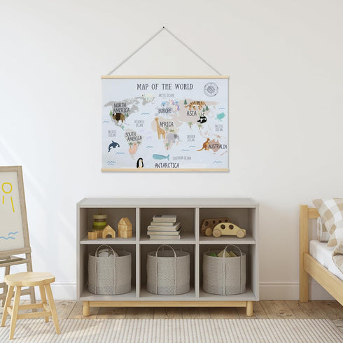 32x24 Extra Large World Map Poster for Kids Embroidered Canvas Wall Hanging with Wood Hanger, Neutral Montessori