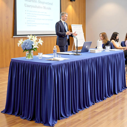 156inch 8ft(Cover 13ft Royal Blue Polyester Table Skirts for Rectangle Tables Front&Both Sides), Wrinkle Free Pleats