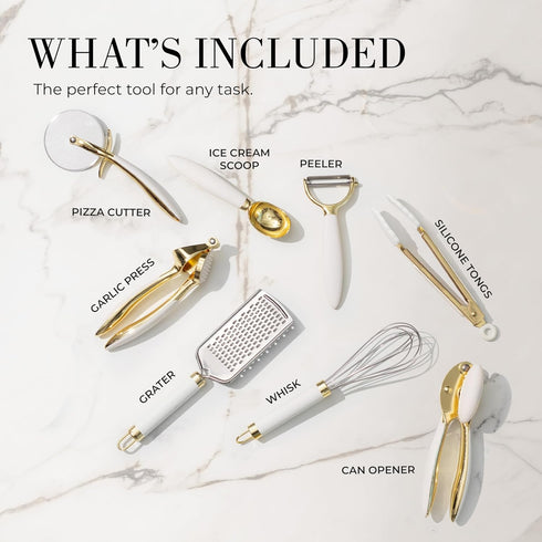 White & Gold Kitchen Tools and Gadgets - Luxe 8PC Cooking Utensils Set with Anti-Slip Handles, Gold Kitchen Accessories
