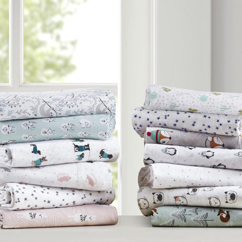 Cozy 100% Set 4 Intelligent Design Soft Cotton Flannel Print Animals Stars Cute Warm, Ultra Soft Cold Weather Sheet