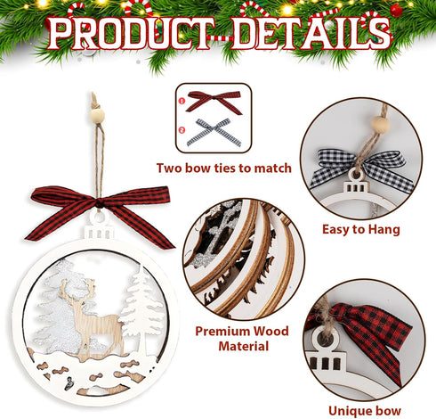 6pcs Christmas Farmhouse Rustic Ornaments Set, 3D Glitter Reindeer Wood Tree Decorations for Christmas