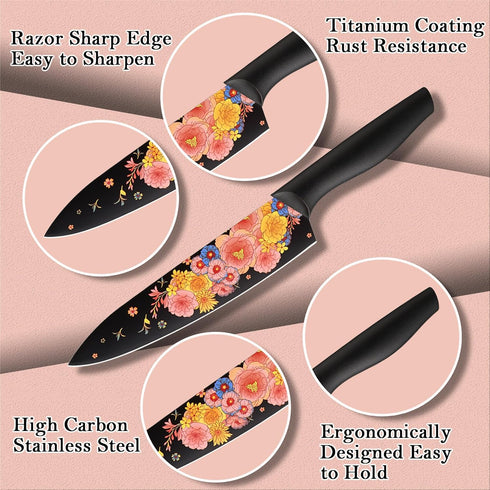 Marco Almond Knife Set, Artistic Designed Pattern Kitchen Knife, 6 Stainless Steel Kitchen Knives with Blade Guards