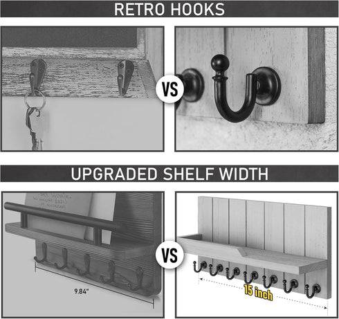 Rebee Vision Decorative Key and Mail Holder for Wall, 15 Inches Floating Shelf with 7 Key Hooks for Entryway Decor