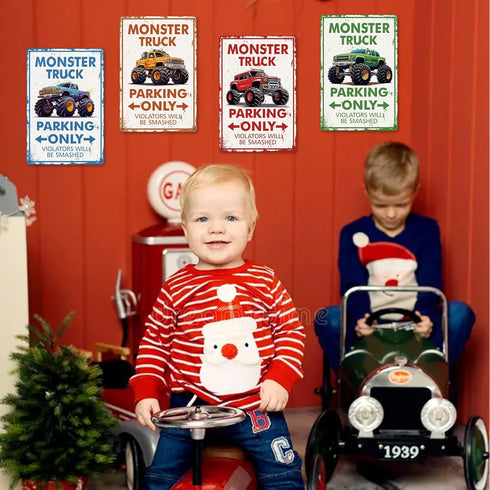 4 Pcs Monster Truck Parking Only Wall Decor for Boys, Monster Jam Only Violators Will Be Smashed Wall Room Door Signs