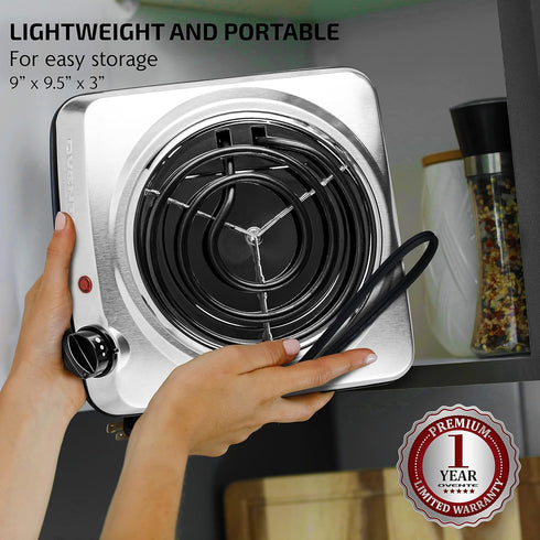 OVENTE Electric Countertop Single Burner, 1000W Cooktop with 6" Stainless Steel Coil Hot Plate, Silver