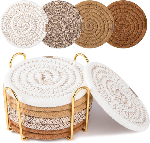 OIAHOMY 8 Pcs Coasters with Holder for Beer, Coffee, Woven Cotton Coaster