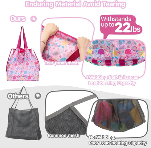Extra Large Mesh Beach Bag with Drawstring - Lightweight Foldable Sand Toy Bag for Beach Travel Essentials, Seashell