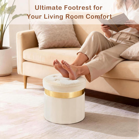 Room13x13x12.4(Beige,1pcs) xuperbonus Small Ottoman with Storage,Folding Round Ottoman with Gold Trim,Velvet Storage