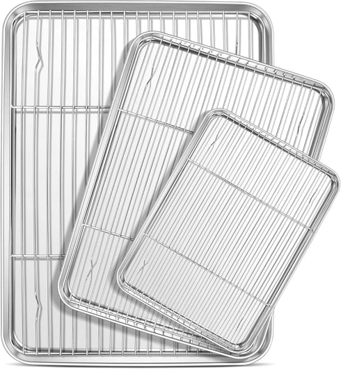E-far Baking Sheet with Cooling Rack Set, 3 Pans + 3 Racks, Stainless Steel Cookie Sheets for Oven