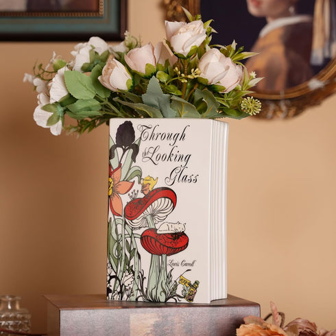 Ceramic Book Vase for Flowers, Home Decor - Cute Bookshelf Decor, Book