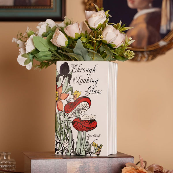 Ceramic Book Vase for Flowers, Home Decor - Cute Bookshelf Decor, Book