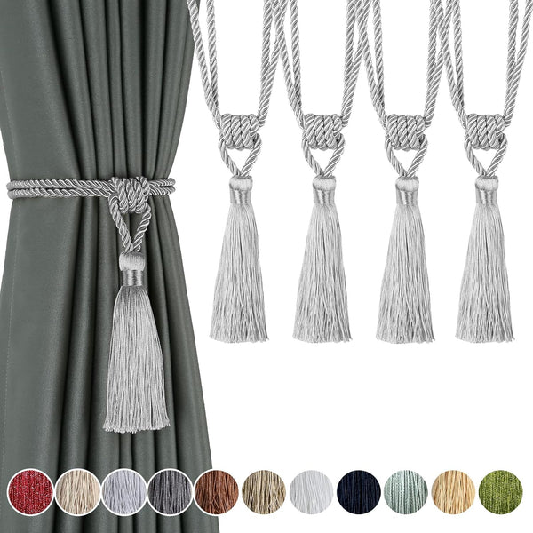 Fenghuangwu Curtain Tiebacks, Handmade Rope Curtain Tie Backs for Home Decor (Silver, 4p)