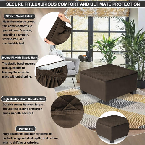 NeColorLife Waterproof Square Ottoman Cover, Thick Stretch Velvet Slipcover for Footstool, Non-Slip Soft Furniture