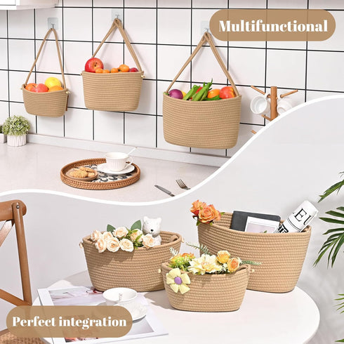 4 Hanging Storage Baskets, Over the Door Basket, Cotton Wall Baskets Storage, Hanging Door Basket with Hooks