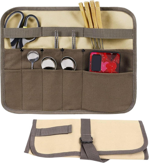 Camping Utensil Bag, Knife Roll Bag for Chefs, Canvas Roll Up Culinary Bag for Cooking, Camping, Tableware Storage
