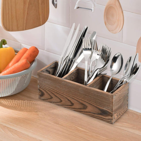 Wooden Silverware Organizer with 3 Spacious Compartments, Cooking Spatula Holder, Kitchen Utensil Flatware Caddy