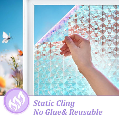 Windimiley Window Privacy Film Stained Glass Window Film:3D Rainbow Diamond Prism Decorative Holographic Frosted Glass Window Stickers Bathroom Sun Blocking Static Cling Covering(Rainbow,17.5x78.7in)