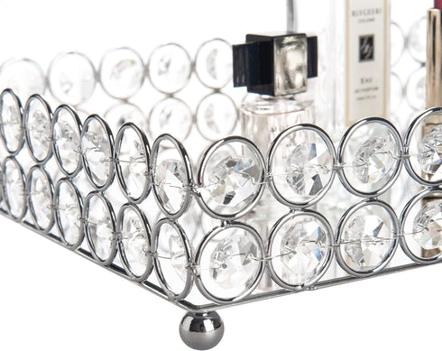 Feyarl Crystal Vanity Makeup Tray, Ornate Jewelry Trinket Organizer, 12" x 8" Silver Decorative Tray