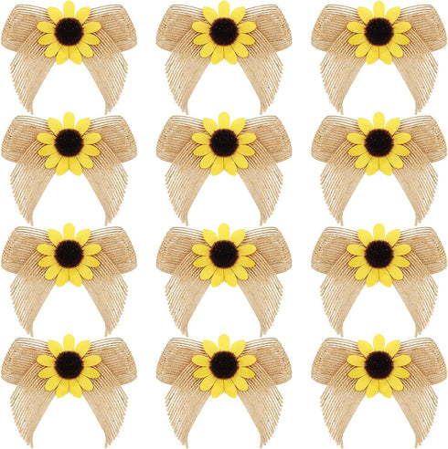 Syhood 12 Pieces Sunflower Burlap Bow 3 Inch, Summer Artificial Handmade Wreath Bow for Crafts Home Decoration