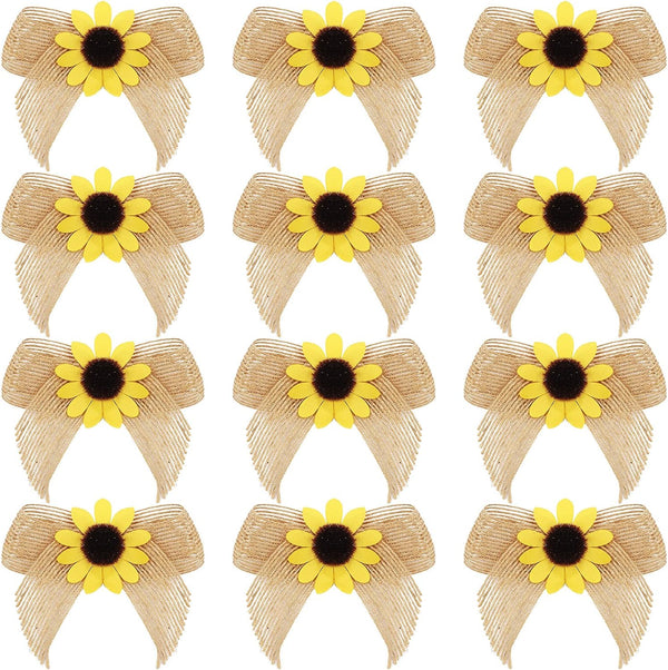 Syhood 12 Pieces Sunflower Burlap Bow 3 Inch, Summer Artificial Handmade Wreath Bow for Crafts Home Decoration