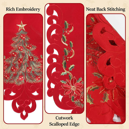 Jovialix 72 Inches Poinsettia,Holiday Red Christmas Table Runner Long with Embroidered Tree and Cutwork Linen