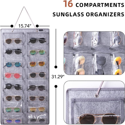 Sunglasses Organizer Storage, 16 Slots Wall Pocket Display, Dust-Proof Eyewear Hanging on Door