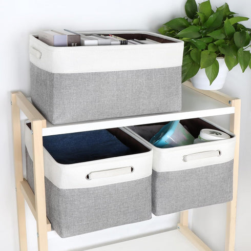 Kntiwiwo Large Fabric Foldable Storage Bin 17" x 11.8" x 9.8", Set of 3, Grey Storage Baskets with Handle