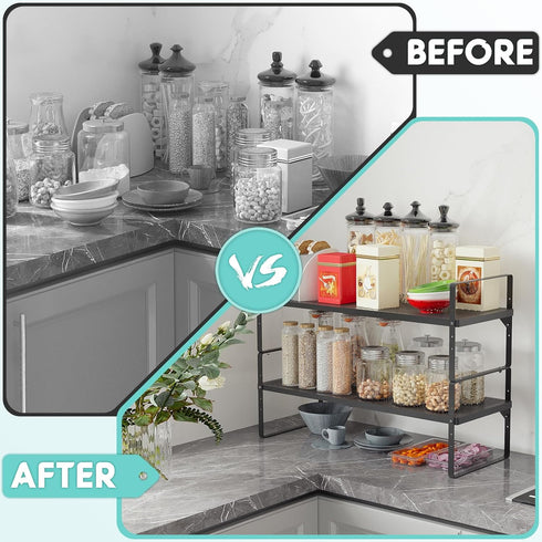 Expandable Cabinet Shelf Organizers, Stackable Metal Shelves Extender for Kitchen Cabinet Countertop Storage, Black (2