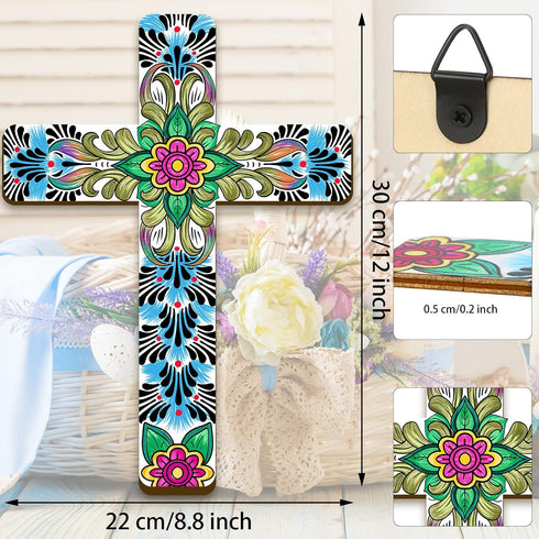 Floral Cross Wall Decor - Hand Painted Inspirational Wooden Cross, Mexican Art for Home Room Church Decoration