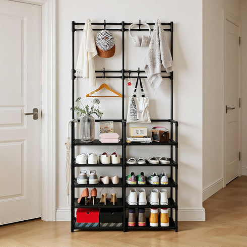 5-Tier 8 UDEAR Coat and Shoe Rack, Entryway Coat Rack with Hooks, Double Row Shoes Organizer for Living Room, Bedroom
