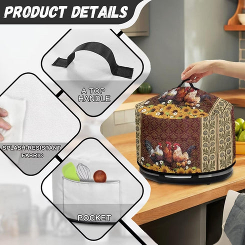 Roosters Dust Cover for Small Kitchen Appliances, Fits Most 6-8 Quart Oval Slow Cookers, Pockets & Top Handle