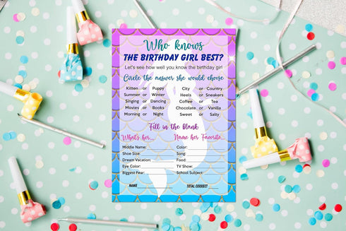 RokAPary Mermaid Who Knows The Birthday Girl Best Game, Mermaid Themed Birthday Party Ideas, Fun Game For Sleepover, Play Pack of 30 Cards 5”x7”. Made in USA