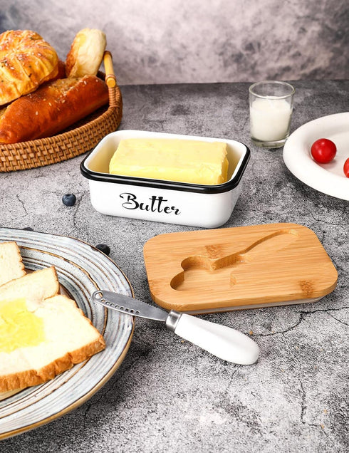 AISBUGUR Butter Dish with Lid for Countertop, White Metal Butter Keeper with Stainless Steel Knife, Kitchen Gift Set of