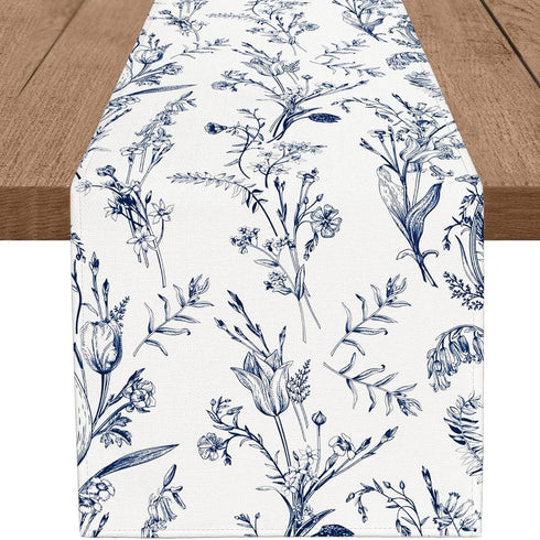 PROCIDA Navy Blue Floral Table Runner Summer Wildflower Runner for Table Small