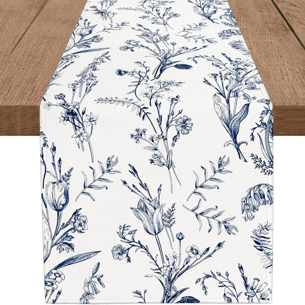 PROCIDA Navy Blue Floral Table Runner Summer Wildflower Runner for Table Small
