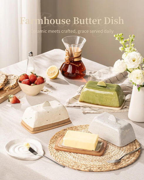 Countertop, 200g Besmeety Ceramic Butter Dish with Lid and Handle for European Butter Keeper, Farmhouse Decor (Grey)