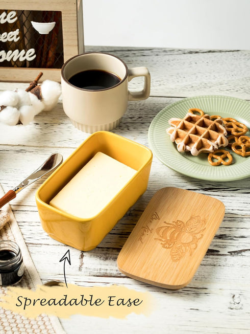 Covered Butter Dish with Lid, Large Yellow Butter Holder for Countertop, Airtight Seal Container for East West Coast