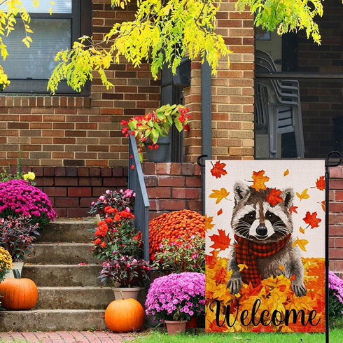 Welcome Fall Maple Leaves Garden Flag, 12.5x18 Inch Double Sided Seasonal Raccoon Outdoor Decoration for Autumn